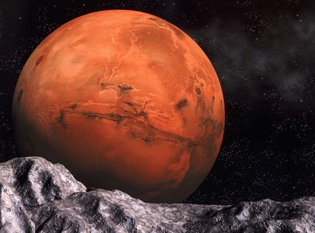 01 Jan 2000 --- NASA image of the planet Mars, featuring Valles Marineris, with a computer generated image of the surface of a moon in the foreground. --- Image by © Denis Scott/CORBIS