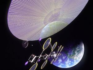 This giant disk floating in space isnít a UFO. Itís a power generator, harvesting energy from the Sun for a variety of uses back on Earth. Such space-based solar power generators have many applications, not just on Earth, but also in space. Two small solar panels could power a communications satellite, four panels might power a robotic interplanetary probe, six a manned spacecraft, while 20 panels might supply energy to a lunar base. SunTowerfot. NASA