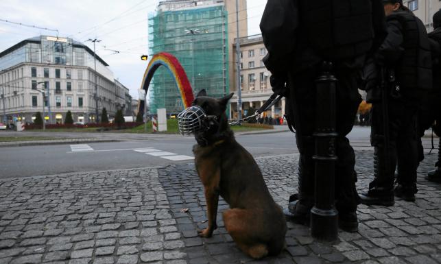Policjanci z psem pilnują Tęczy na Placu Zbawiciela