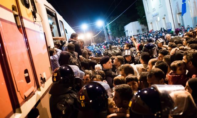 Imigranci próbują dostać się do pociągu niedaleko miasta Tovarnik w Chorwacji